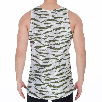 Green And White Tiger Stripe Camo Print Men's Velvet Tank Top