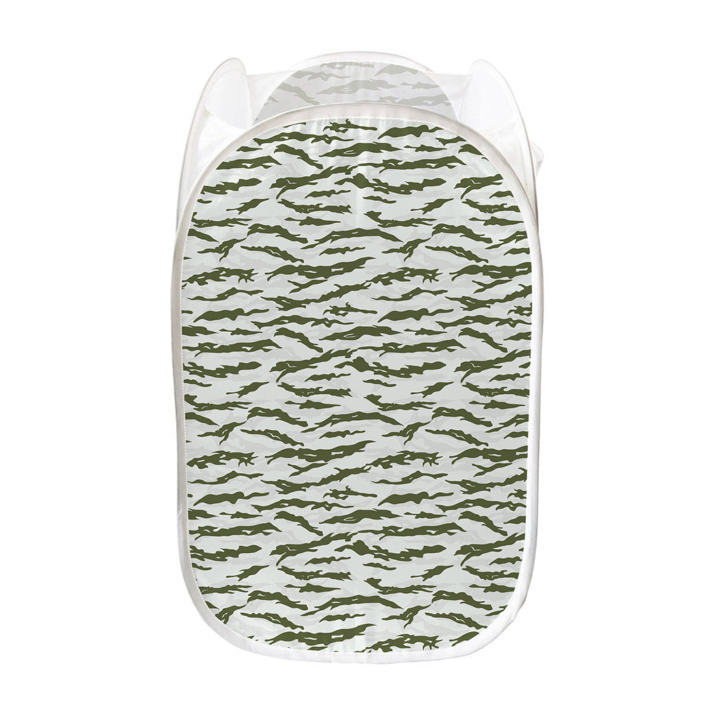 Green And White Tiger Stripe Camo Print Mesh Laundry Hamper