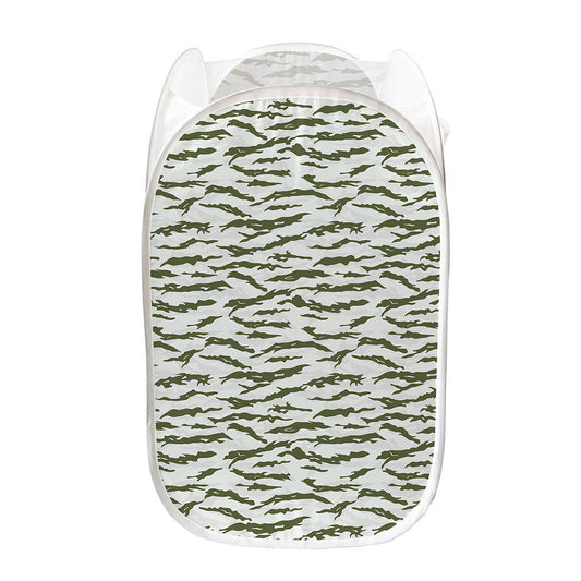 Green And White Tiger Stripe Camo Print Mesh Laundry Hamper
