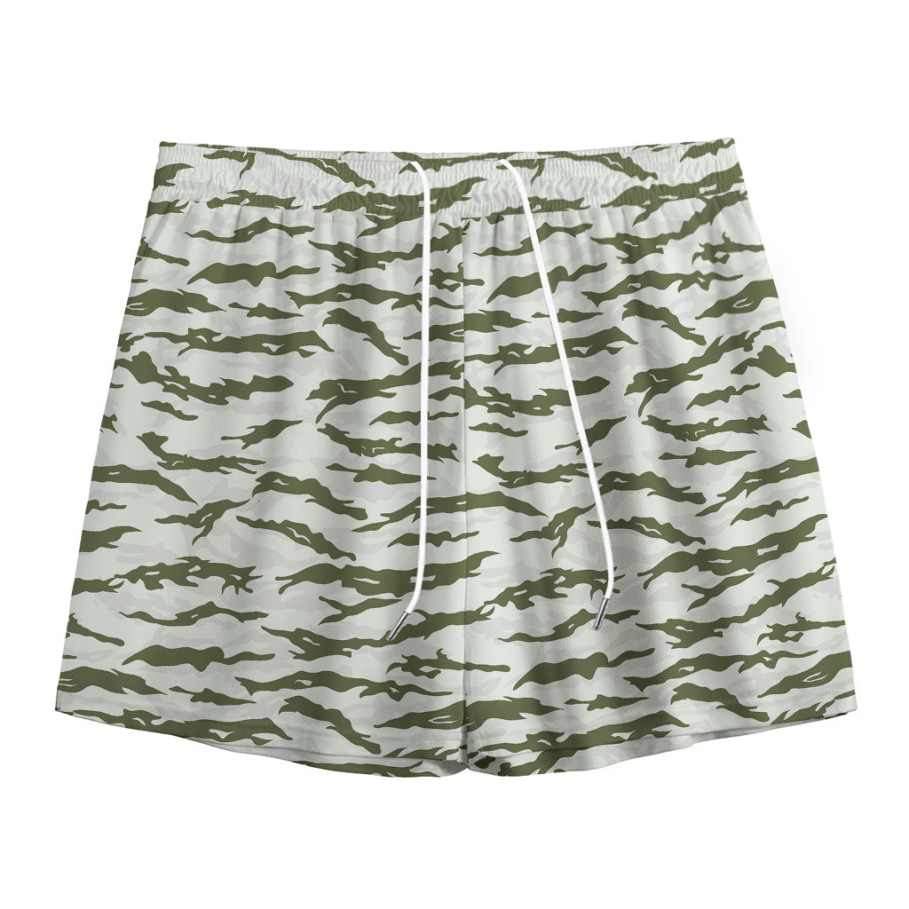 Green And White Tiger Stripe Camo Print Mesh Shorts
