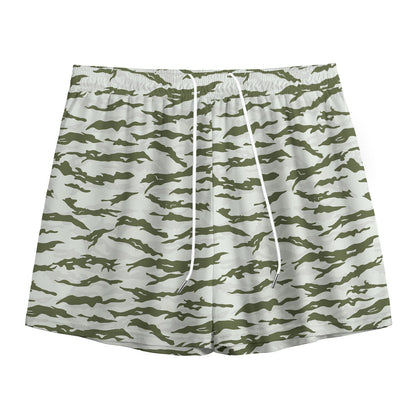 Green And White Tiger Stripe Camo Print Mesh Shorts