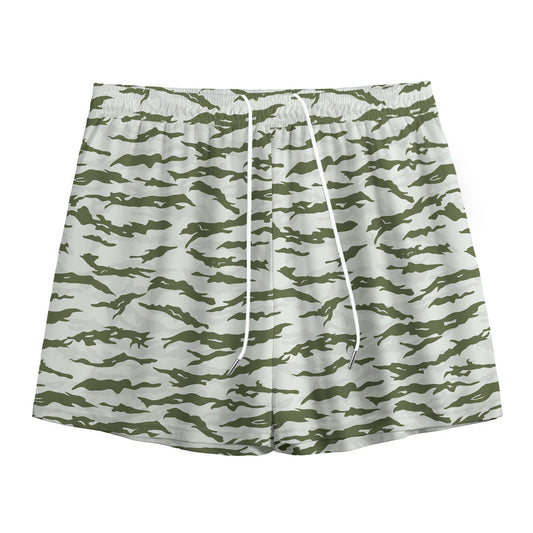 Green And White Tiger Stripe Camo Print Mesh Shorts