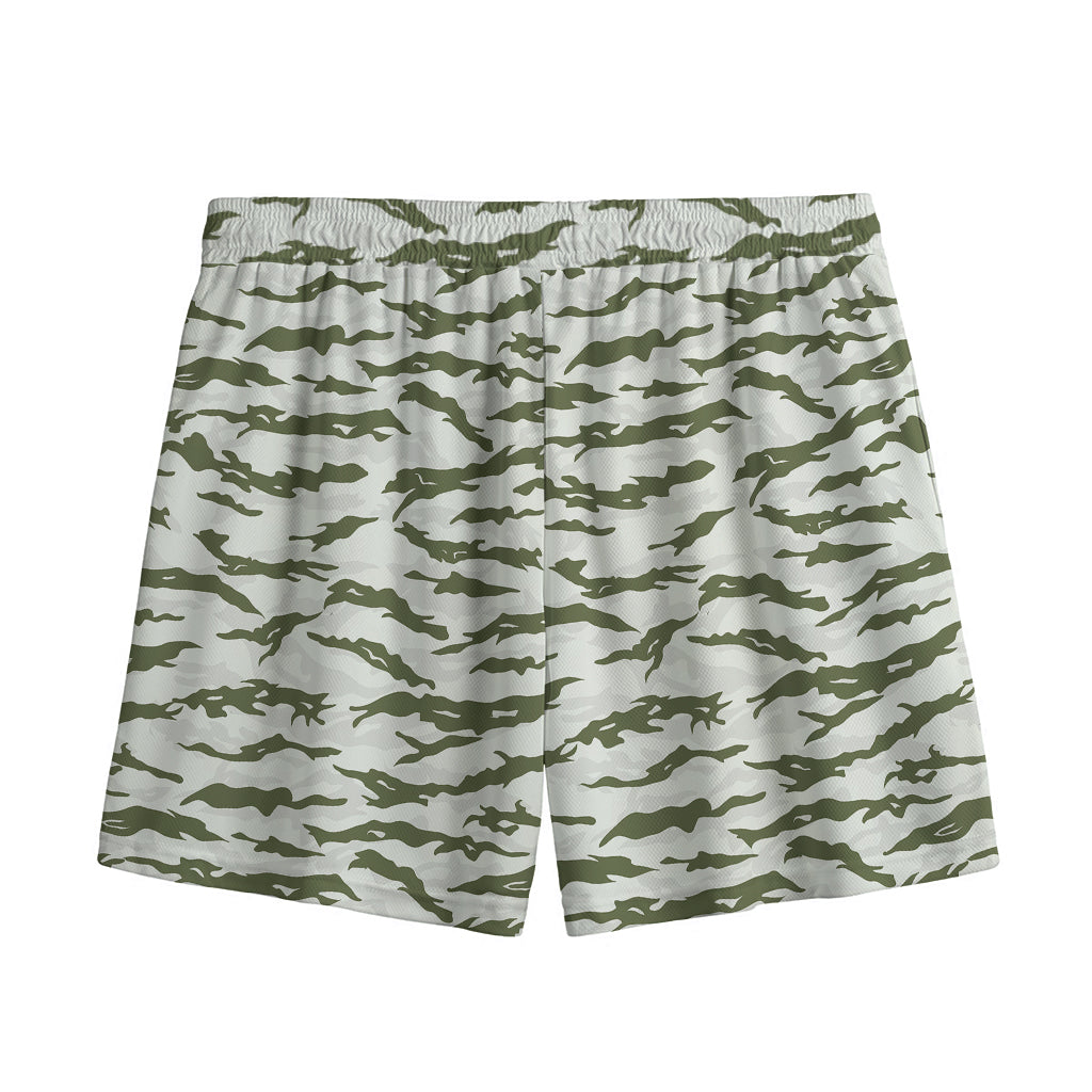 Green And White Tiger Stripe Camo Print Mesh Shorts
