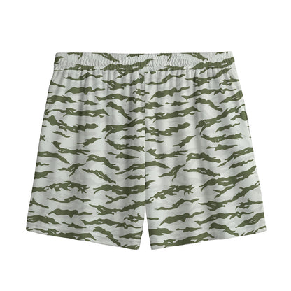 Green And White Tiger Stripe Camo Print Mesh Shorts