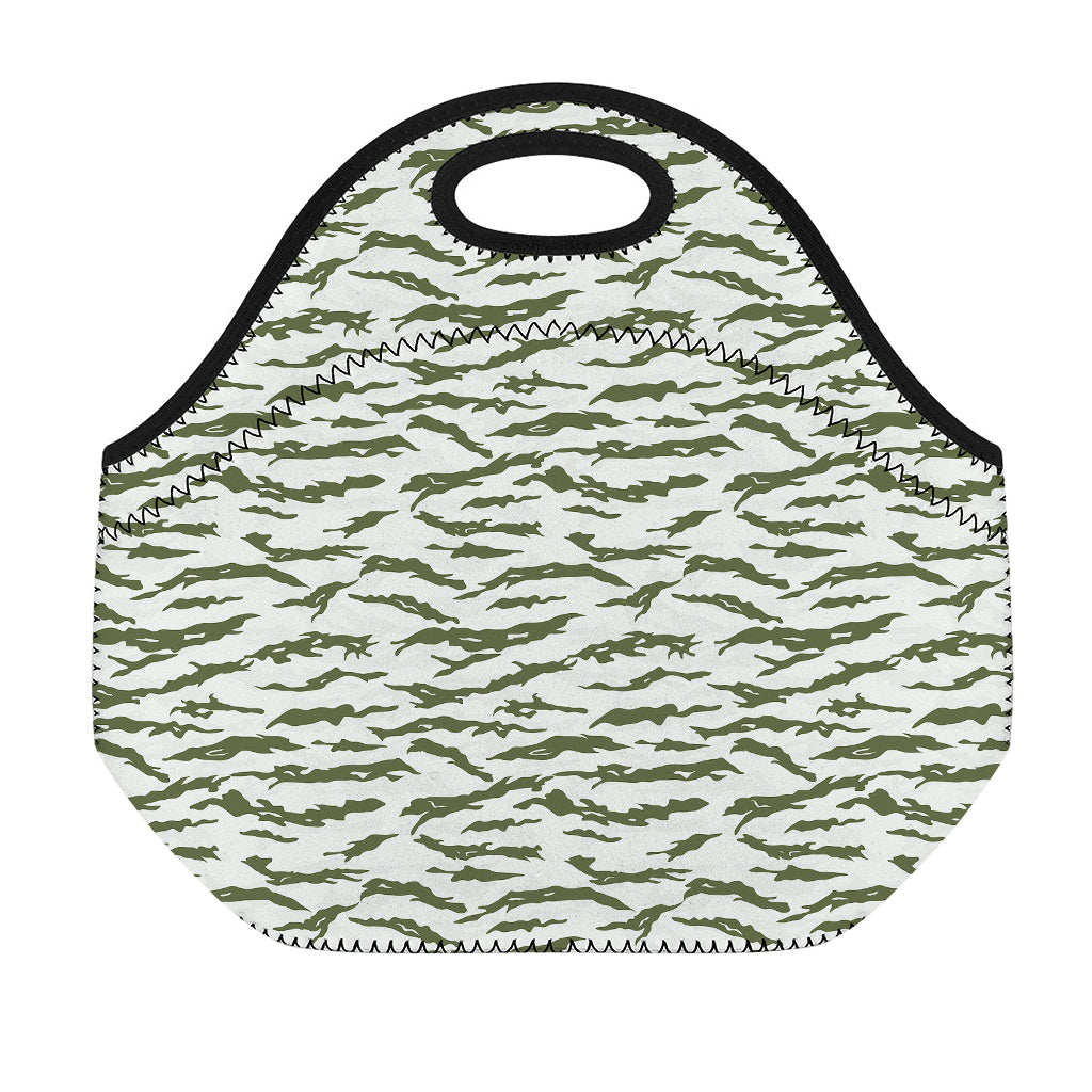 Green And White Tiger Stripe Camo Print Neoprene Lunch Bag