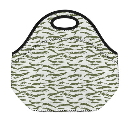 Green And White Tiger Stripe Camo Print Neoprene Lunch Bag