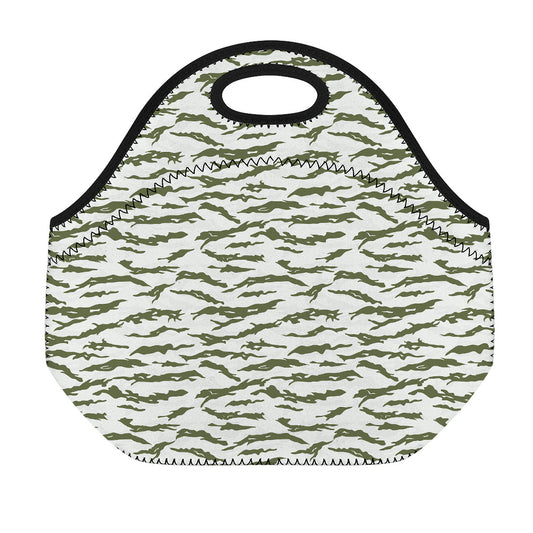 Green And White Tiger Stripe Camo Print Neoprene Lunch Bag