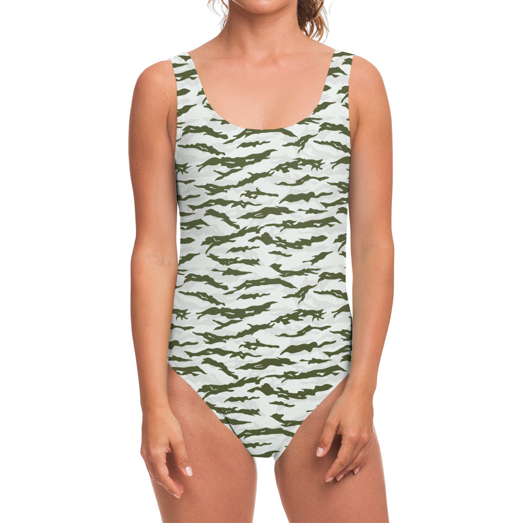 Green And White Tiger Stripe Camo Print One Piece Swimsuit