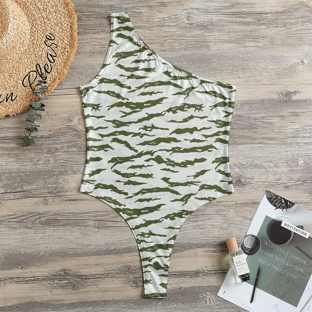 Green And White Tiger Stripe Camo Print One Shoulder Bodysuit