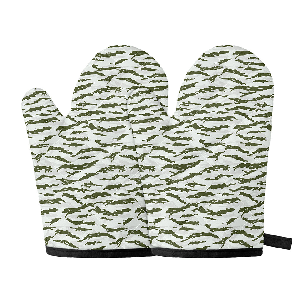 Green And White Tiger Stripe Camo Print Oven Mitts