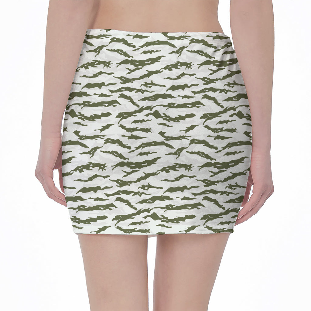 Green And White Tiger Stripe Camo Print Pencil Mini Skirt