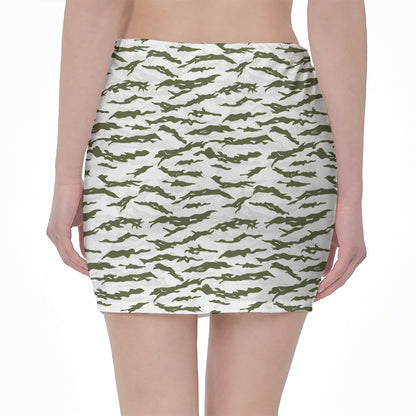 Green And White Tiger Stripe Camo Print Pencil Mini Skirt