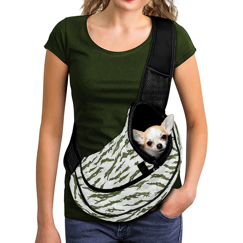 Green And White Tiger Stripe Camo Print Pet Sling Carrier