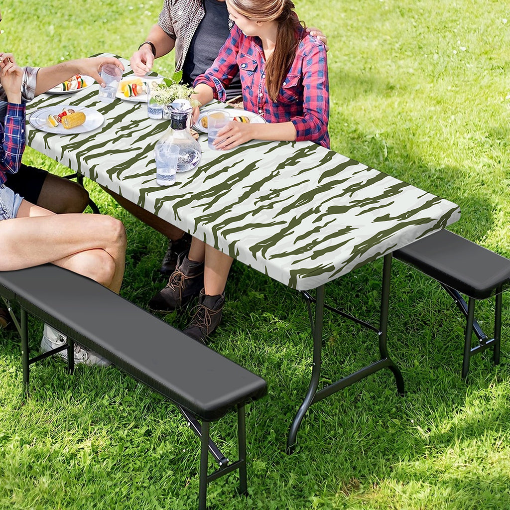 Green And White Tiger Stripe Camo Print Picnic Table Cover