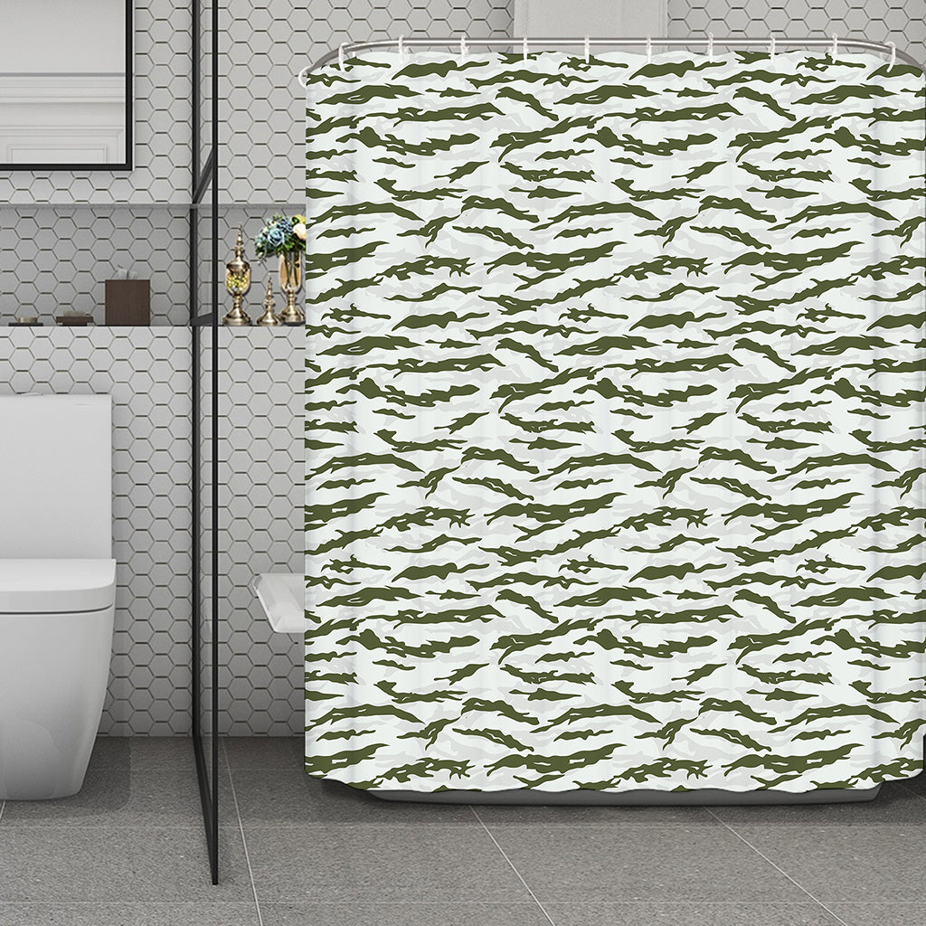 Green And White Tiger Stripe Camo Print Polyester Shower Curtain