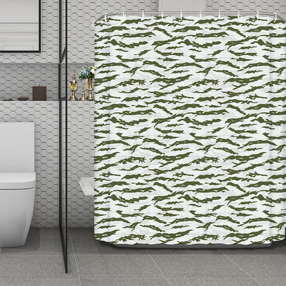 Green And White Tiger Stripe Camo Print Polyester Shower Curtain