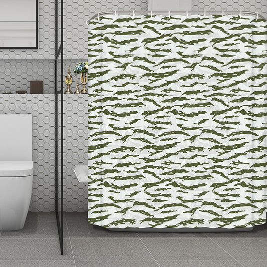 Green And White Tiger Stripe Camo Print Polyester Shower Curtain