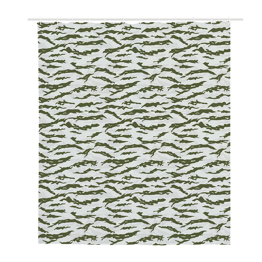 Green And White Tiger Stripe Camo Print Polyester Shower Curtain