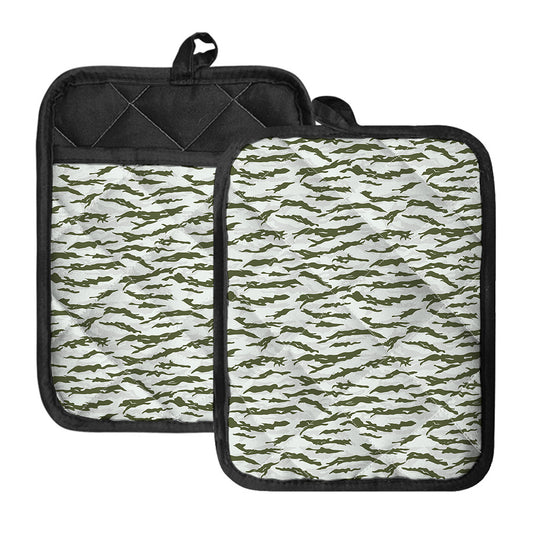 Green And White Tiger Stripe Camo Print Pot Holders With Pocket