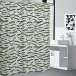 Green And White Tiger Stripe Camo Print Premium Shower Curtain