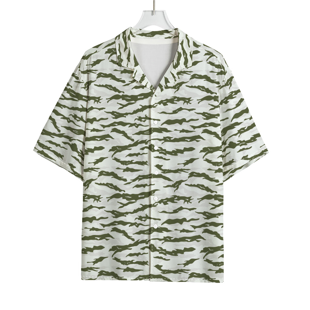 Green And White Tiger Stripe Camo Print Rayon Hawaiian Shirt