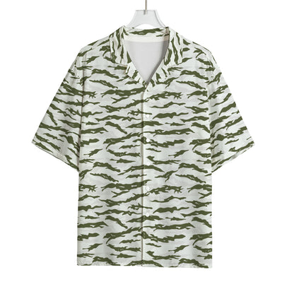 Green And White Tiger Stripe Camo Print Rayon Hawaiian Shirt