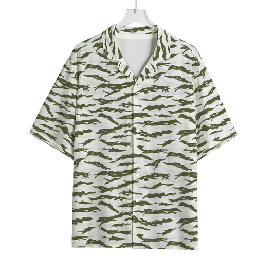 Green And White Tiger Stripe Camo Print Rayon Hawaiian Shirt
