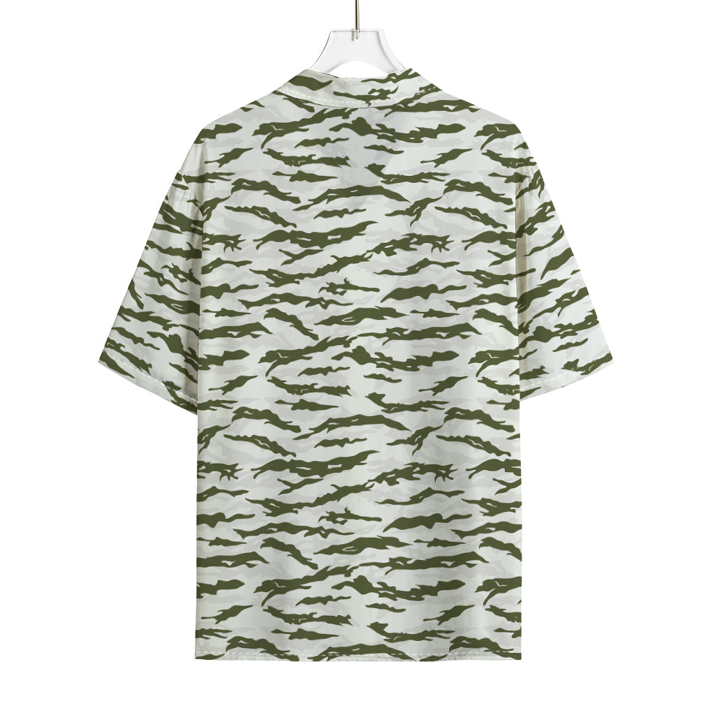 Green And White Tiger Stripe Camo Print Rayon Hawaiian Shirt