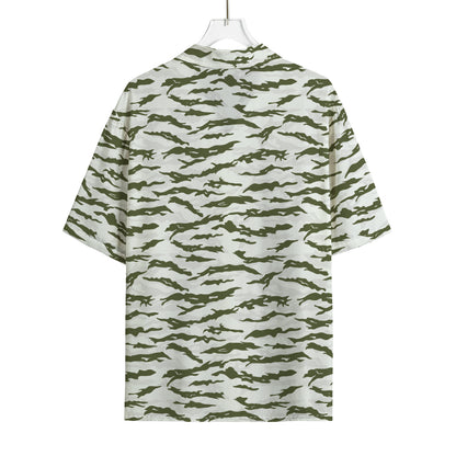 Green And White Tiger Stripe Camo Print Rayon Hawaiian Shirt