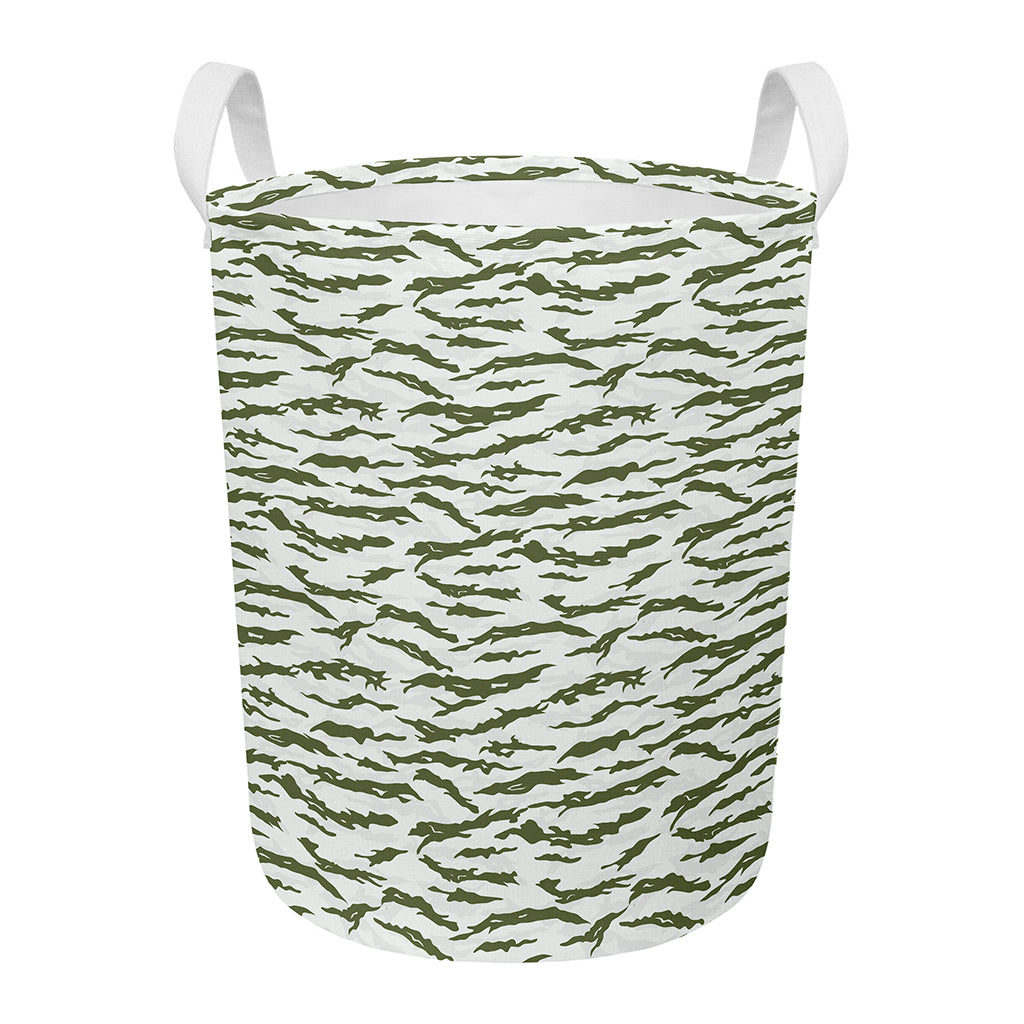 Green And White Tiger Stripe Camo Print Round Laundry Basket