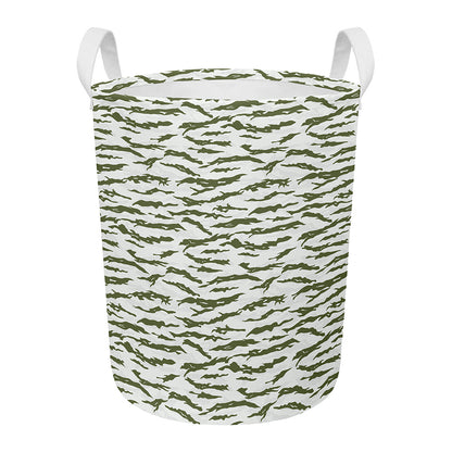 Green And White Tiger Stripe Camo Print Round Laundry Basket