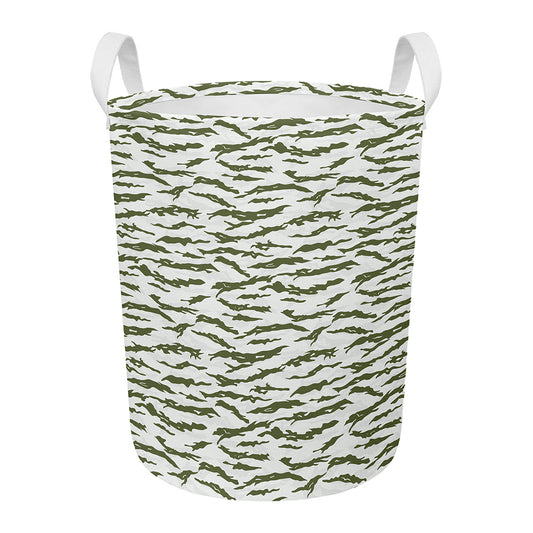 Green And White Tiger Stripe Camo Print Round Laundry Basket