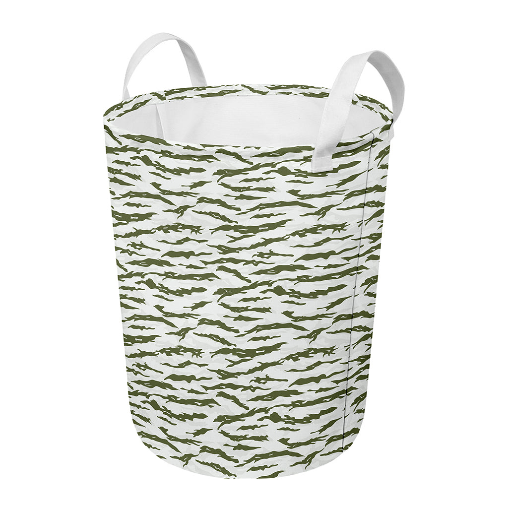 Green And White Tiger Stripe Camo Print Round Laundry Basket