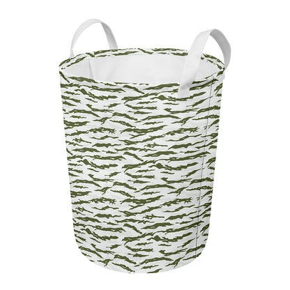 Green And White Tiger Stripe Camo Print Round Laundry Basket