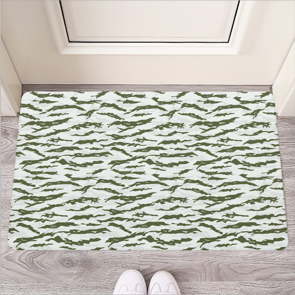 Green And White Tiger Stripe Camo Print Rubber Doormat