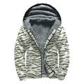 Green And White Tiger Stripe Camo Print Sherpa Lined Zip Up Hoodie