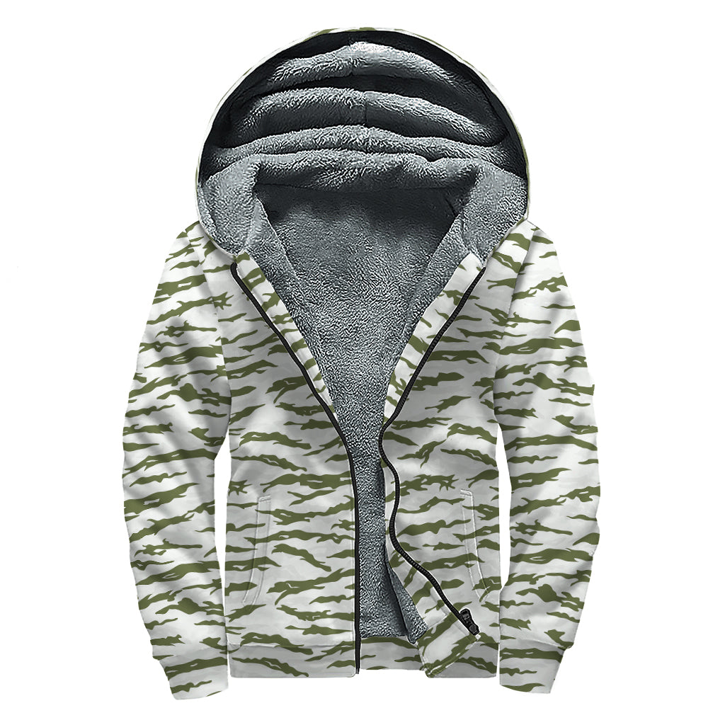 Green And White Tiger Stripe Camo Print Sherpa Lined Zip Up Hoodie