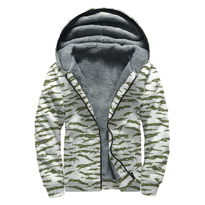 Green And White Tiger Stripe Camo Print Sherpa Lined Zip Up Hoodie