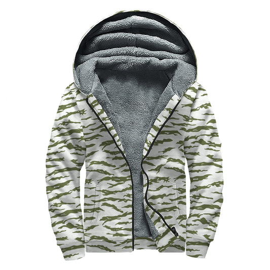 Green And White Tiger Stripe Camo Print Sherpa Lined Zip Up Hoodie