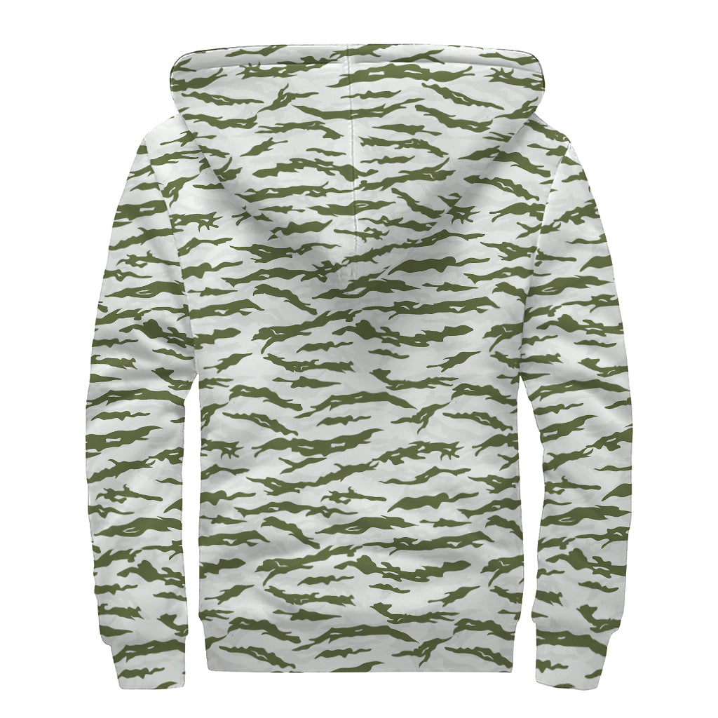 Green And White Tiger Stripe Camo Print Sherpa Lined Zip Up Hoodie