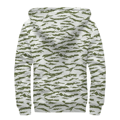 Green And White Tiger Stripe Camo Print Sherpa Lined Zip Up Hoodie