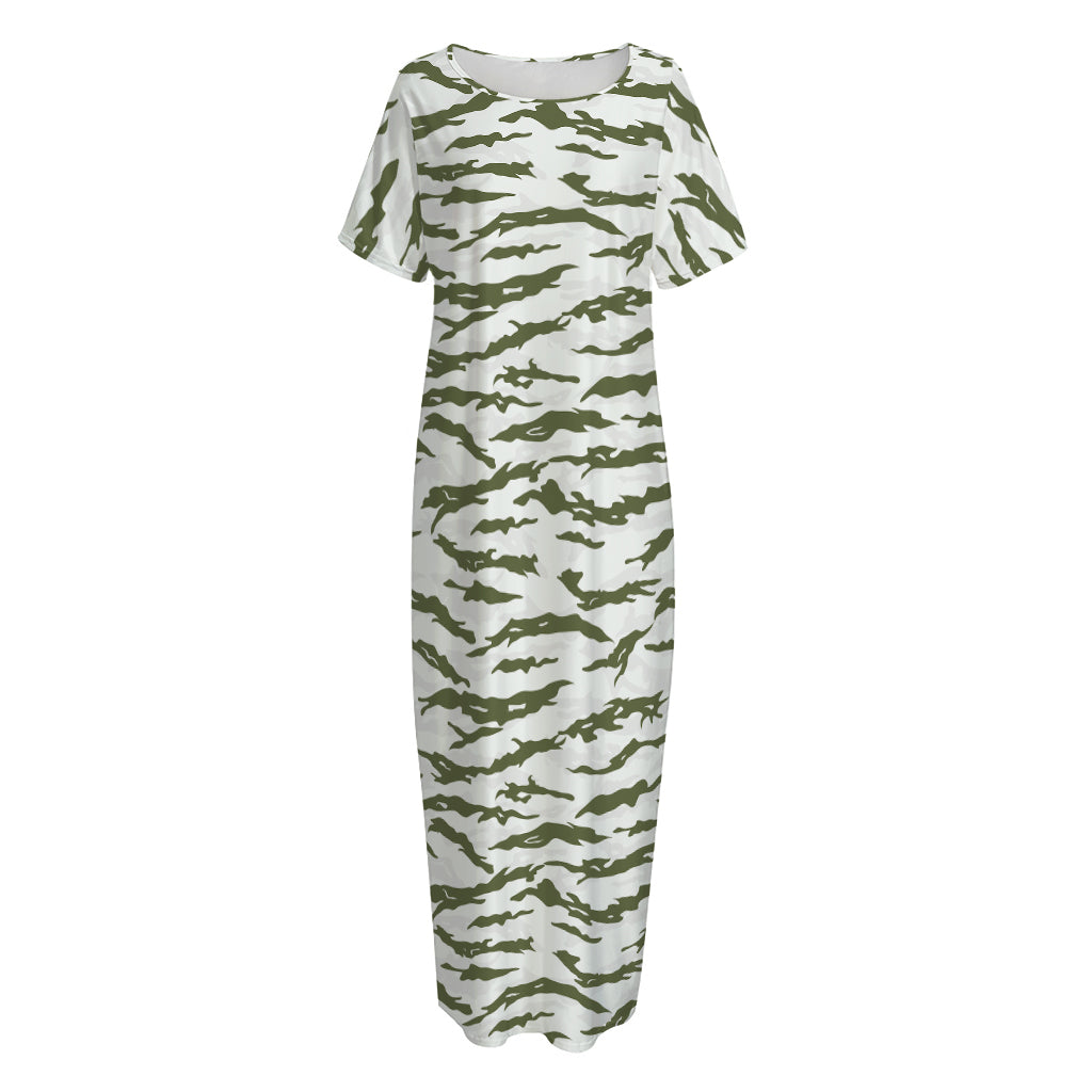 Green And White Tiger Stripe Camo Print Short Sleeve Long Nightdress