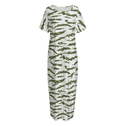 Green And White Tiger Stripe Camo Print Short Sleeve Long Nightdress