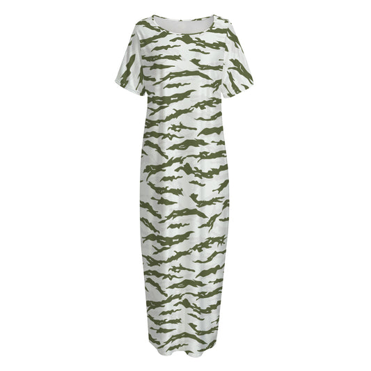 Green And White Tiger Stripe Camo Print Short Sleeve Long Nightdress