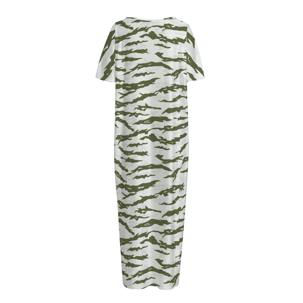 Green And White Tiger Stripe Camo Print Short Sleeve Long Nightdress