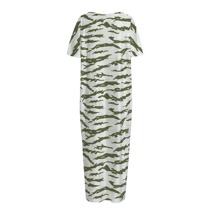 Green And White Tiger Stripe Camo Print Short Sleeve Long Nightdress