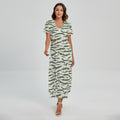Green And White Tiger Stripe Camo Print Short Sleeve Maxi Dress