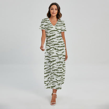 Green And White Tiger Stripe Camo Print Short Sleeve Maxi Dress