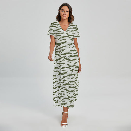 Green And White Tiger Stripe Camo Print Short Sleeve Maxi Dress