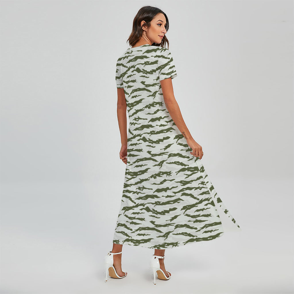 Green And White Tiger Stripe Camo Print Short Sleeve Maxi Dress
